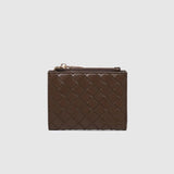A dark brown woven leather wallet with a zippered compartment, shown open on a light background. 