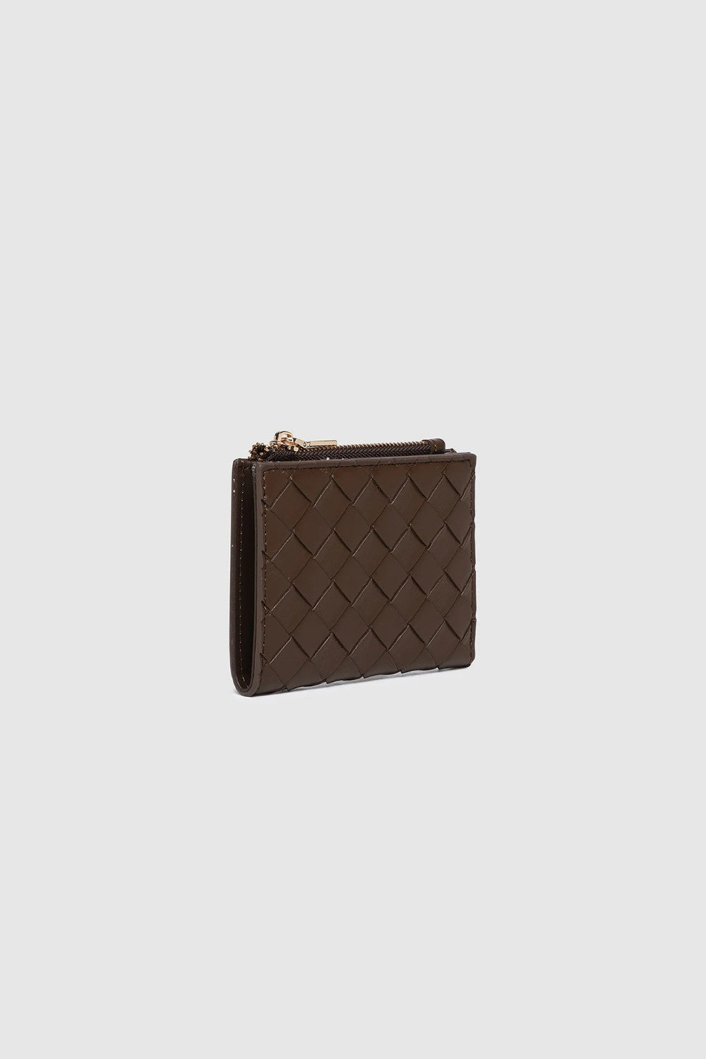 A dark brown woven leather wallet with a zippered compartment, shown open on a light background. 