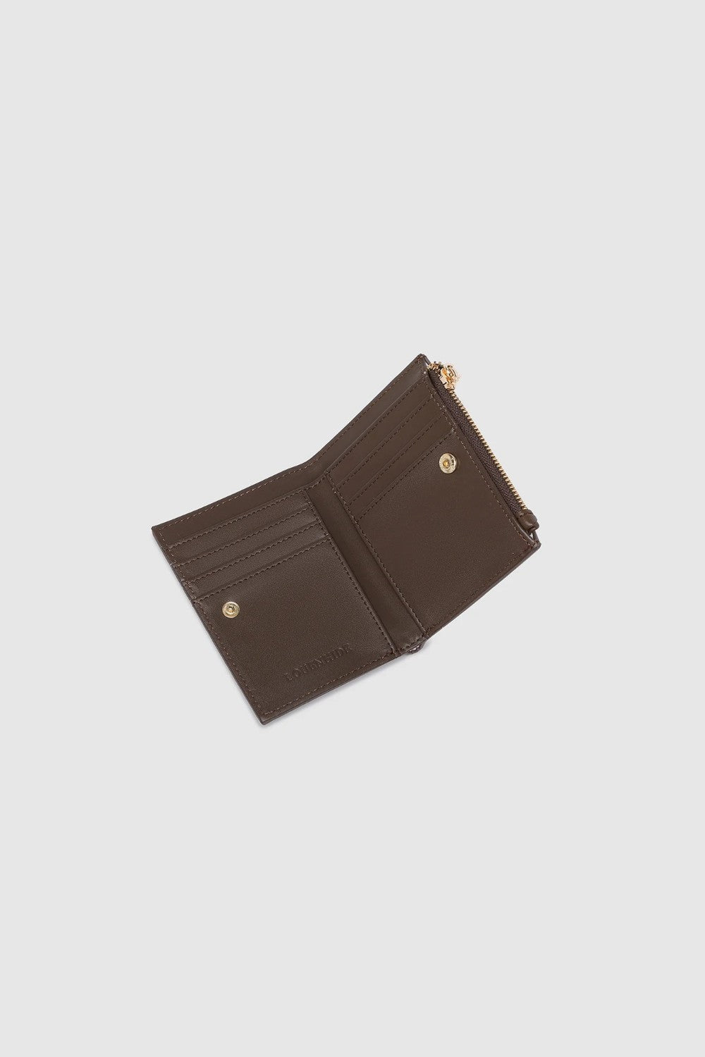 A dark brown leather wallet with a zippered compartment, shown open on a light background. 