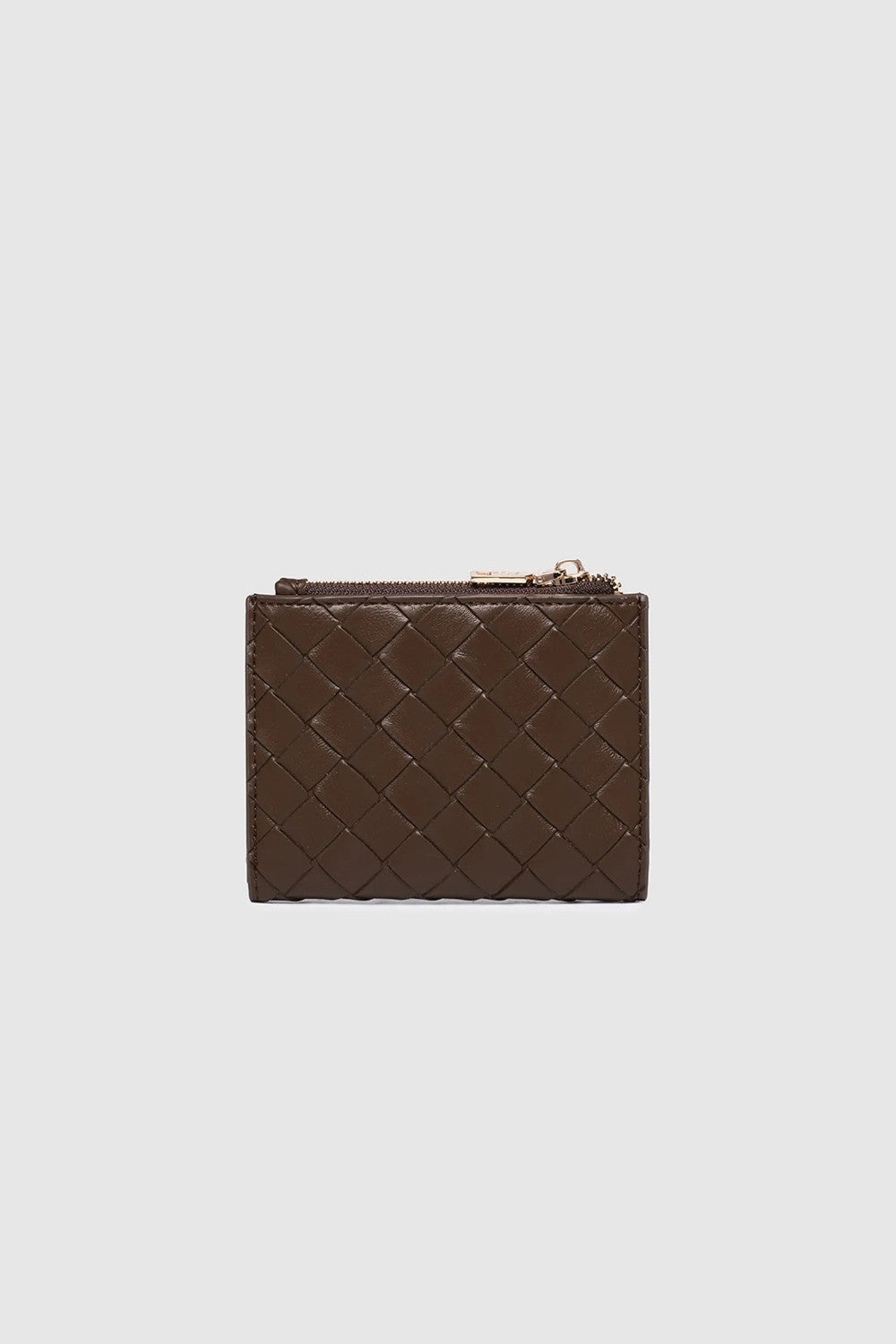 A dark brown woven leather wallet with a zippered compartment, shown open on a light background. 