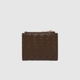A dark brown woven leather wallet with a zippered compartment, shown open on a light background. 