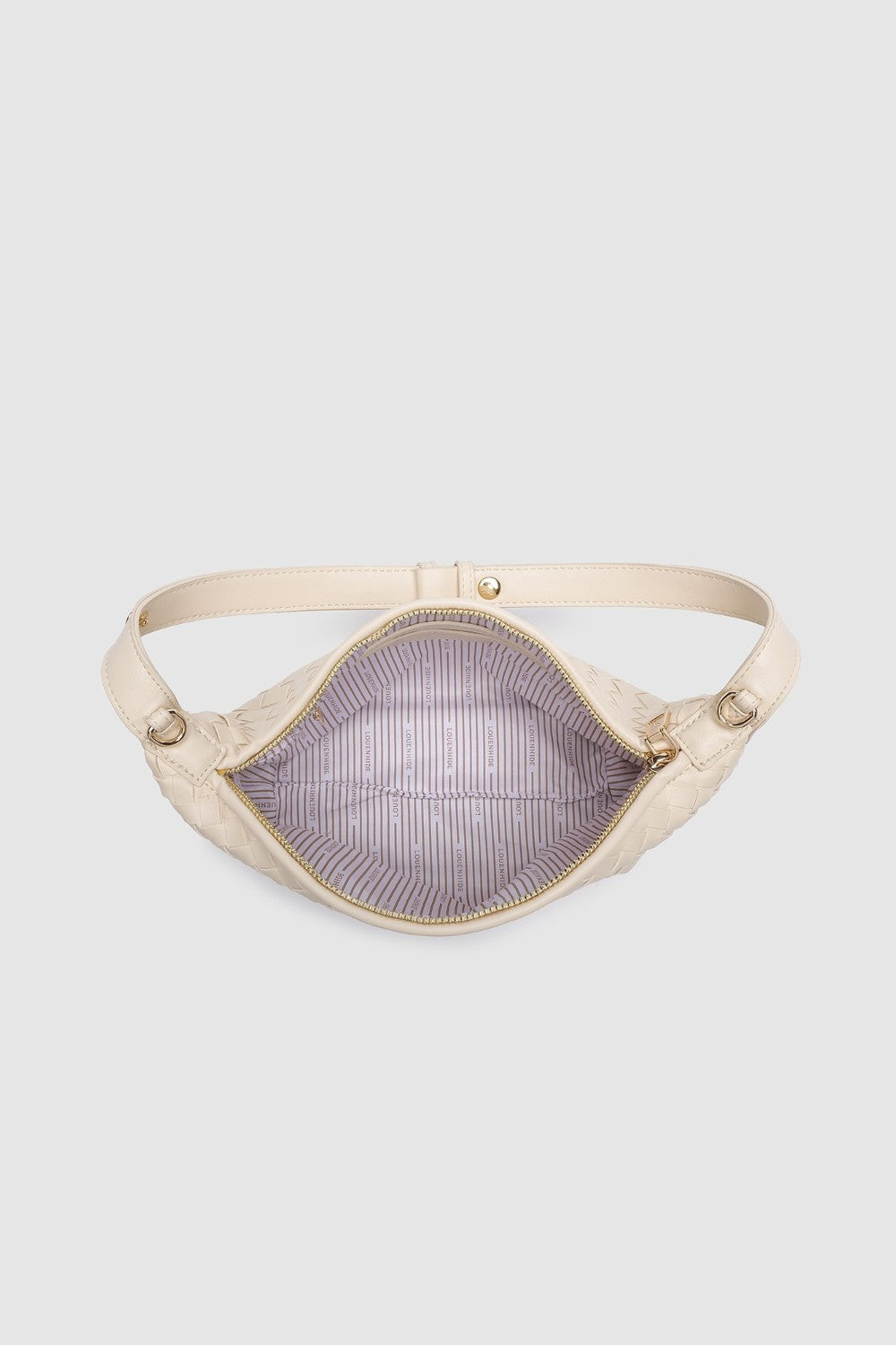 Beige bag with a striped interior on a white background