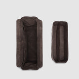 Brown pleather case on a white background