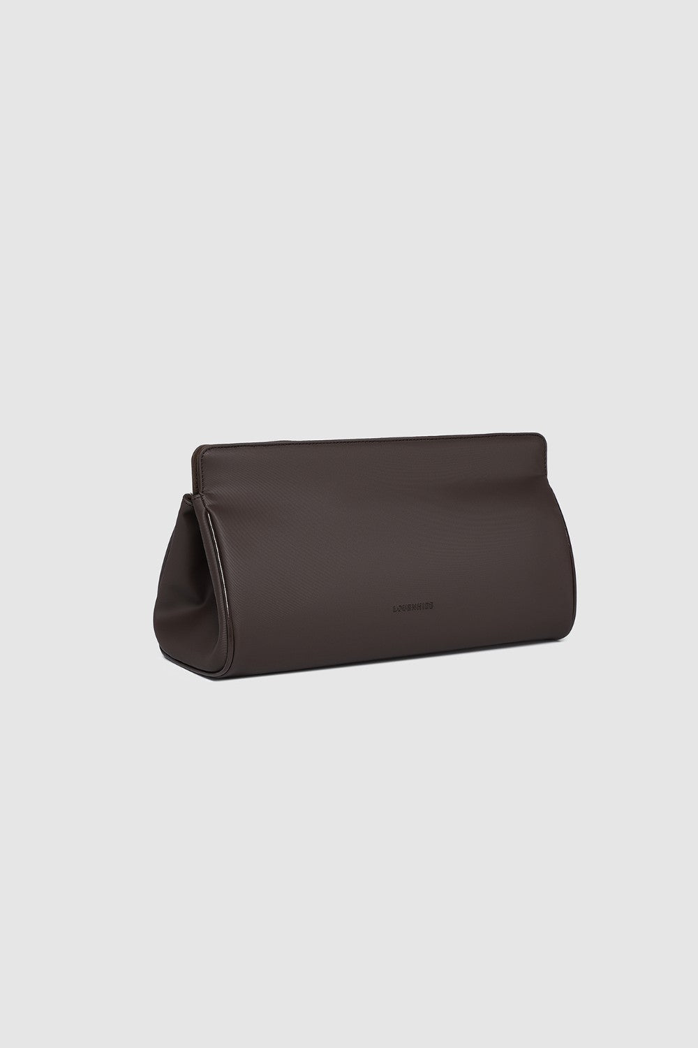 Dark brown pleather case on a light gray background