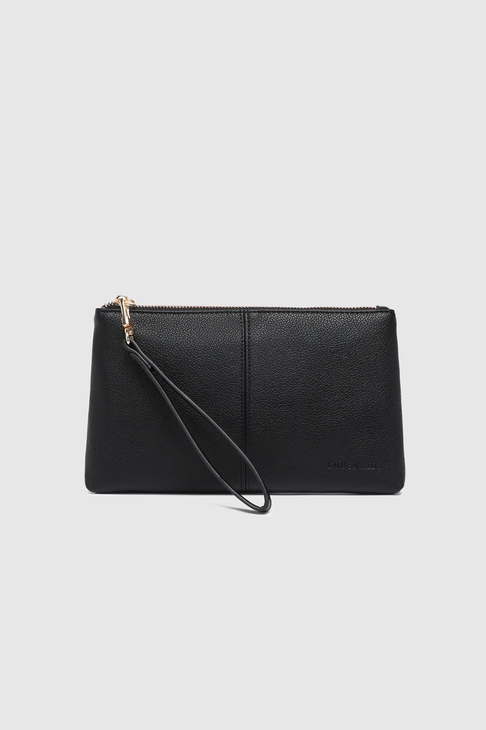 A black pebbled leather clutch bag with a wristlet strap and gold-tone zipper hardware, shown against a light gray background.
