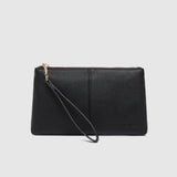 A black pebbled leather clutch bag with a wristlet strap and gold-tone zipper hardware, shown against a light gray background.
