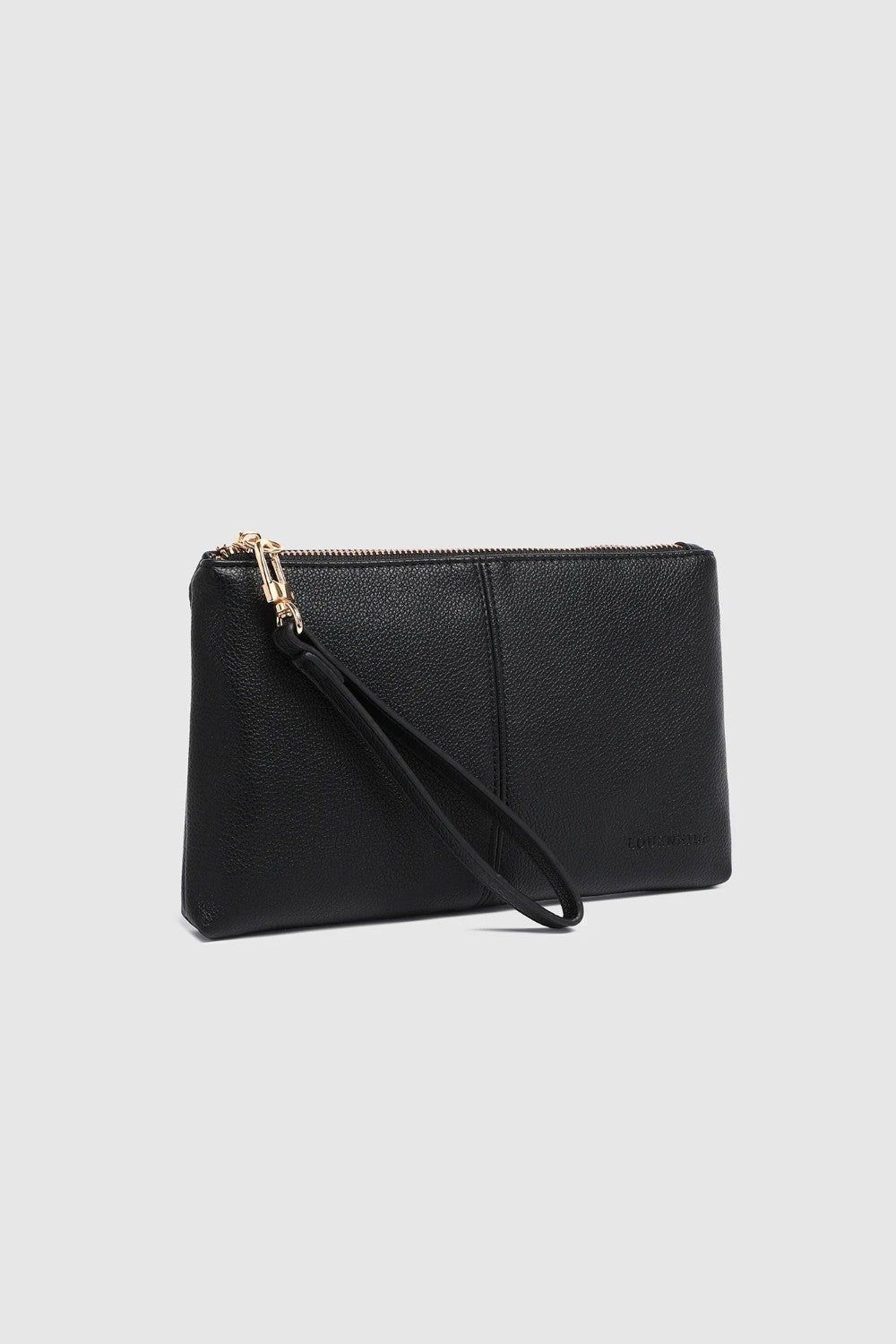A black pebbled leather clutch bag with a wristlet strap and gold-tone zipper hardware, shown against a light gray background.