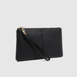 A black pebbled leather clutch bag with a wristlet strap and gold-tone zipper hardware, shown against a light gray background.
