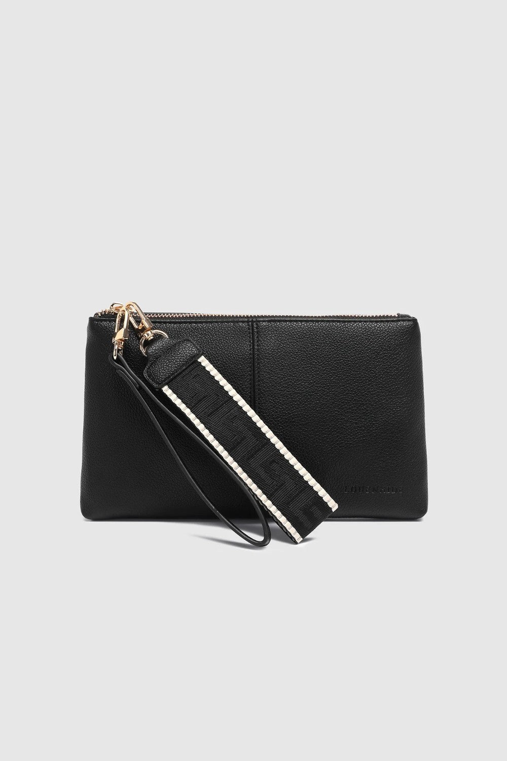 A black leather clutch bag with a matching wristlet strap featuring white stripe detailing and gold-tone hardware, shown against a light gray background.