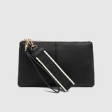A black leather clutch bag with a matching wristlet strap featuring white stripe detailing and gold-tone hardware, shown against a light gray background.