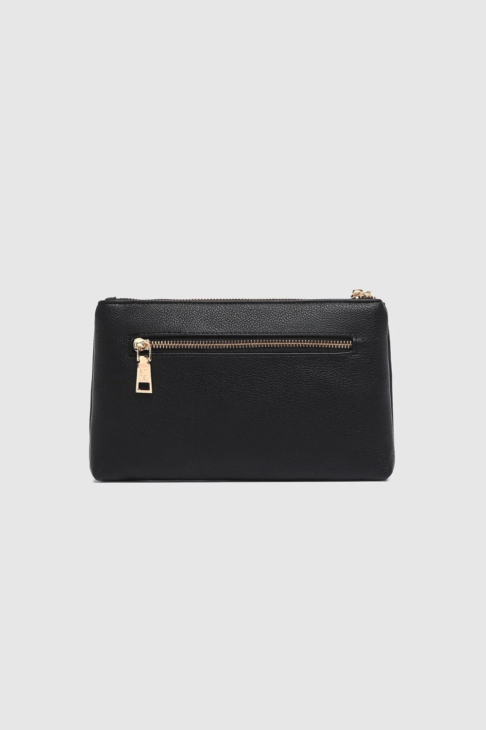 A black pebbled leather clutch bag with an external gold-tone zip pocket, shown against a light gray background.
