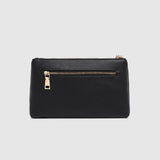 A black pebbled leather clutch bag with an external gold-tone zip pocket, shown against a light gray background.