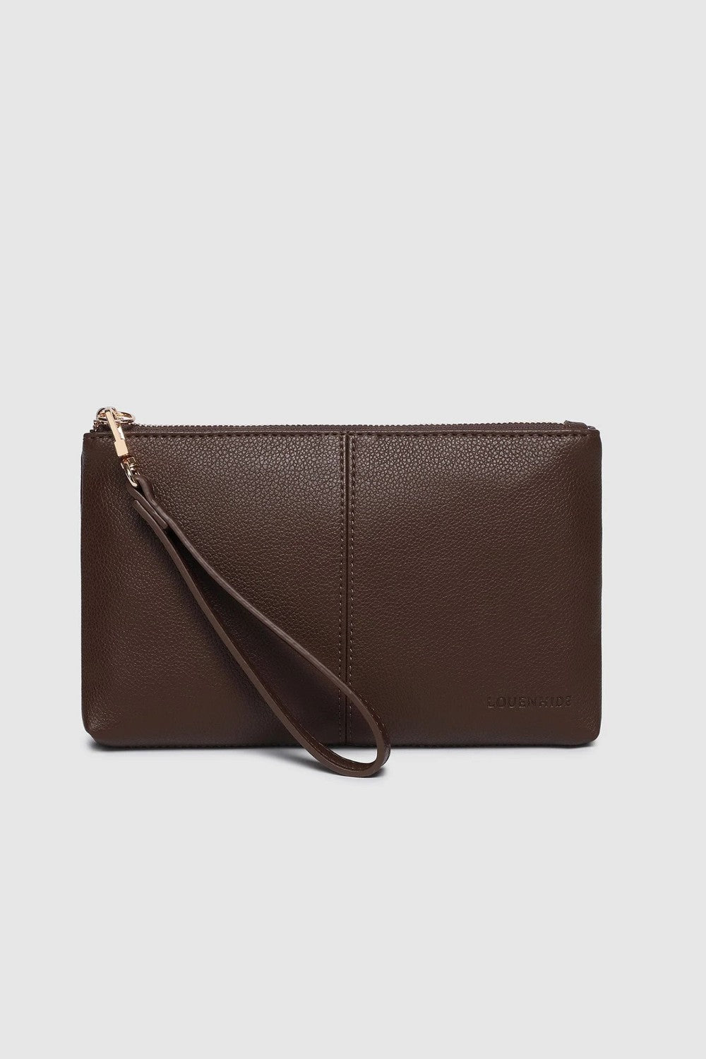 A dark brown pebbled leather clutch wallet with a wristlet strap and gold-tone zipper pull, shown against a light gray background.