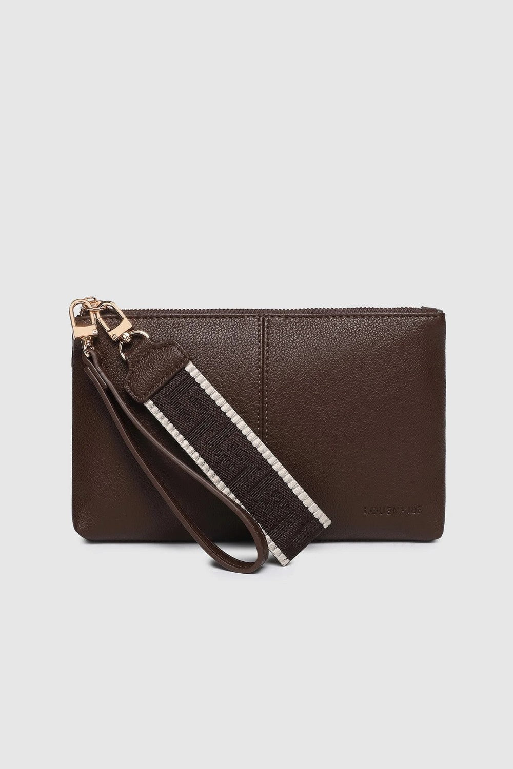 A dark brown leather clutch bag with a matching wristlet strap featuring a white stripe and gold-tone hardware, shown against a light gray background.