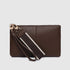A dark brown leather clutch bag with a matching wristlet strap featuring a white stripe and gold-tone hardware, shown against a light gray background.