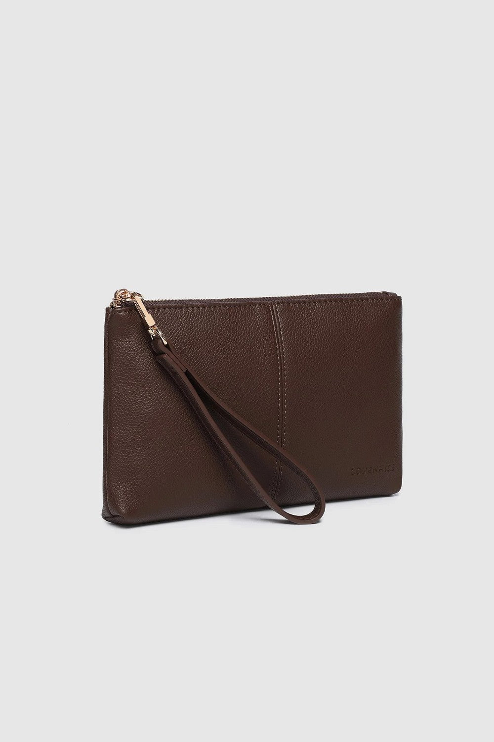 A dark brown pebbled leather wristlet clutch with a matching wrist strap and gold-tone zipper hardware, shown on a light gray background.