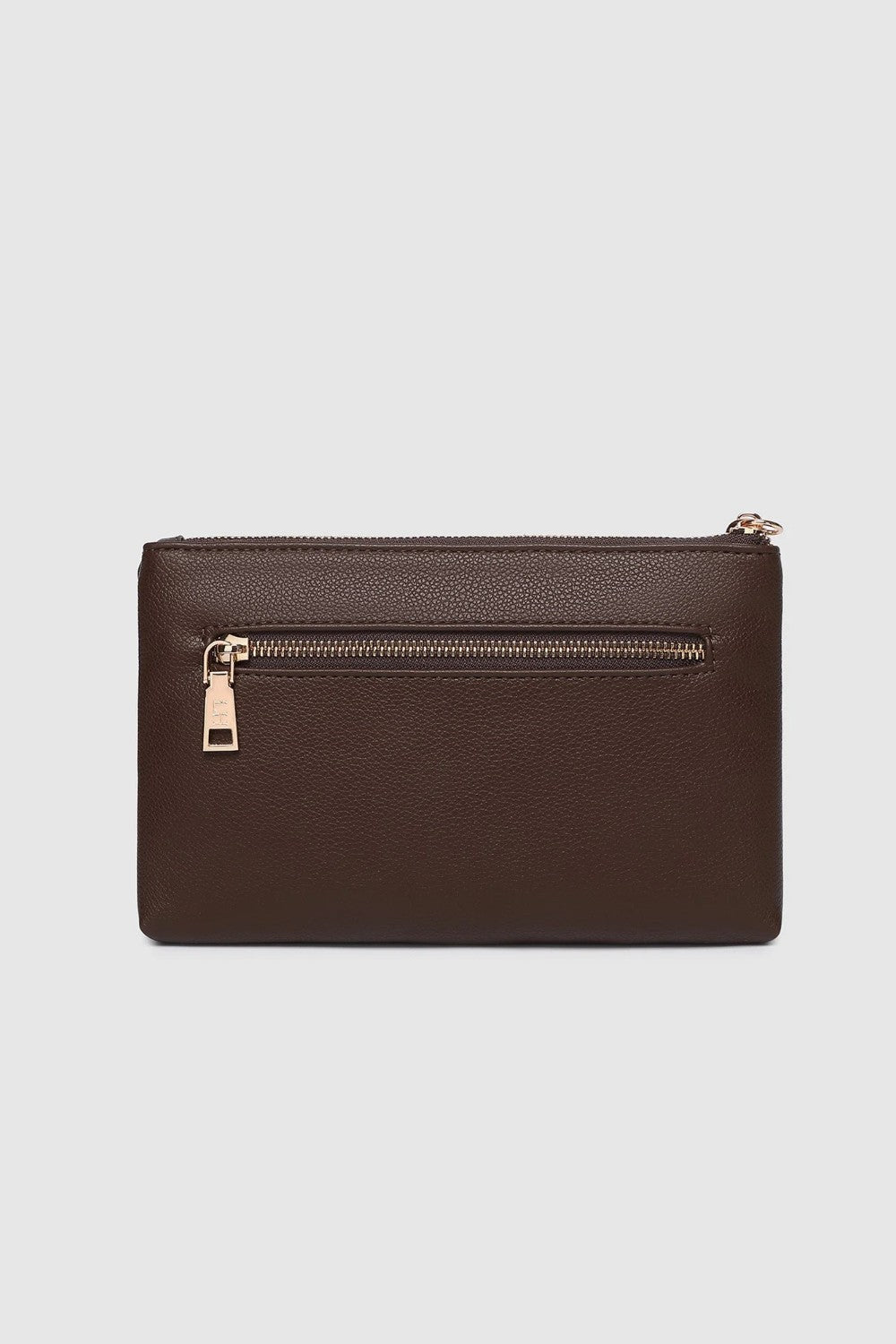 A dark brown pebbled leather clutch pouch with an external zip pocket and a small gold-tone zipper pull, shown against a light gray background.