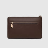 A dark brown pebbled leather clutch pouch with an external zip pocket and a small gold-tone zipper pull, shown against a light gray background.