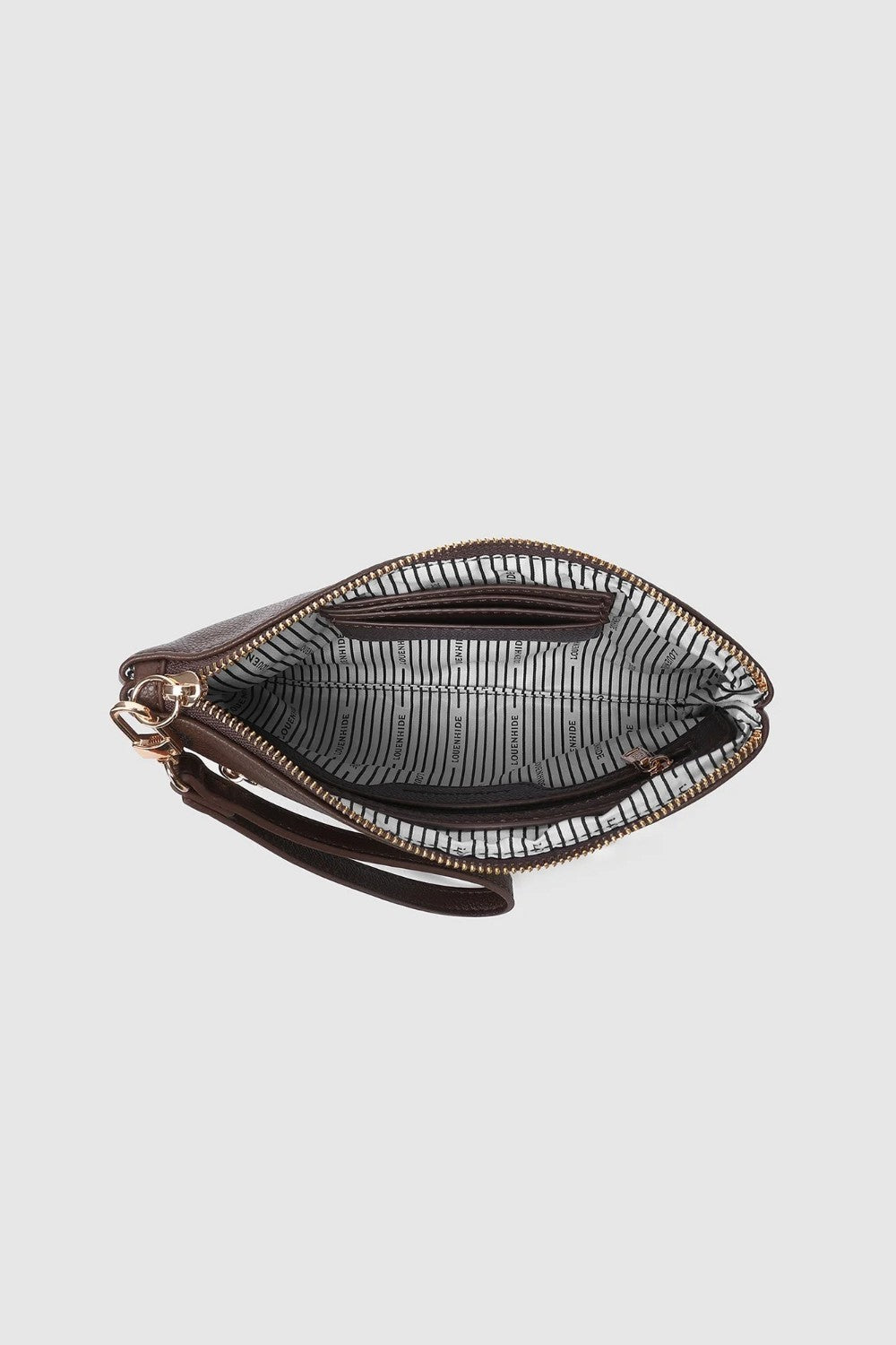 An open dark brown leather zip-around wristlet clutch with a striped black and white interior lining, shown against a light gray background.