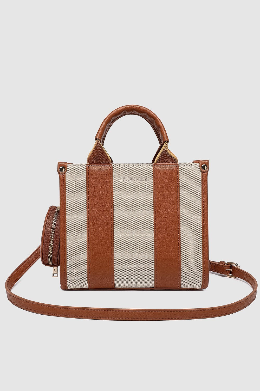 Striped handbag with brown and beige on a light gray background