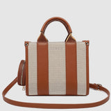 Striped handbag with brown and beige on a light gray background