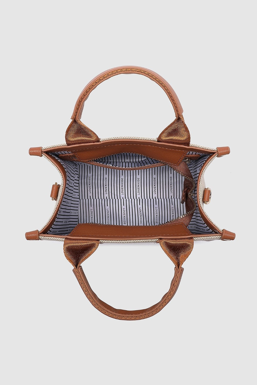 Brown handbag with striped interior on a light gray background