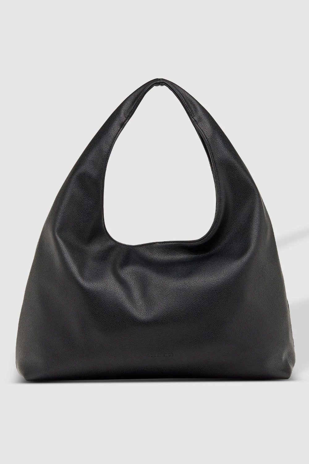 A black slouchy leather shoulder bag with a single integrated handle, photographed against a light gray studio background.