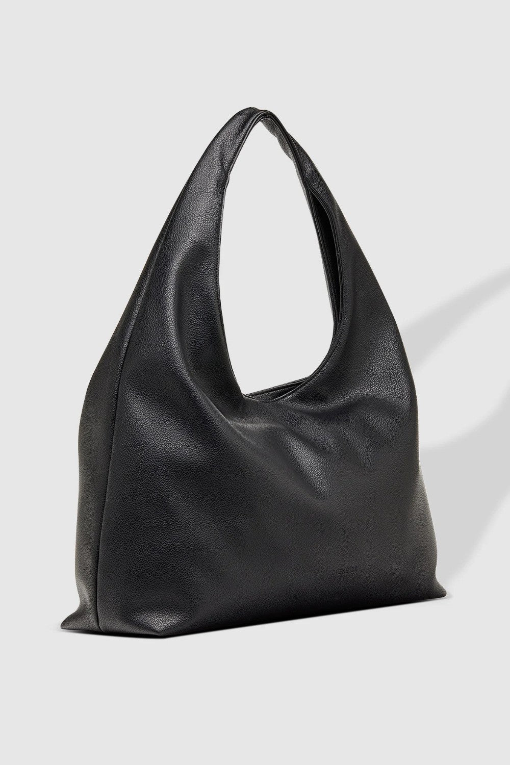 A black slouchy leather shoulder bag with a single integrated strap, photographed on a light gray background with a soft shadow.