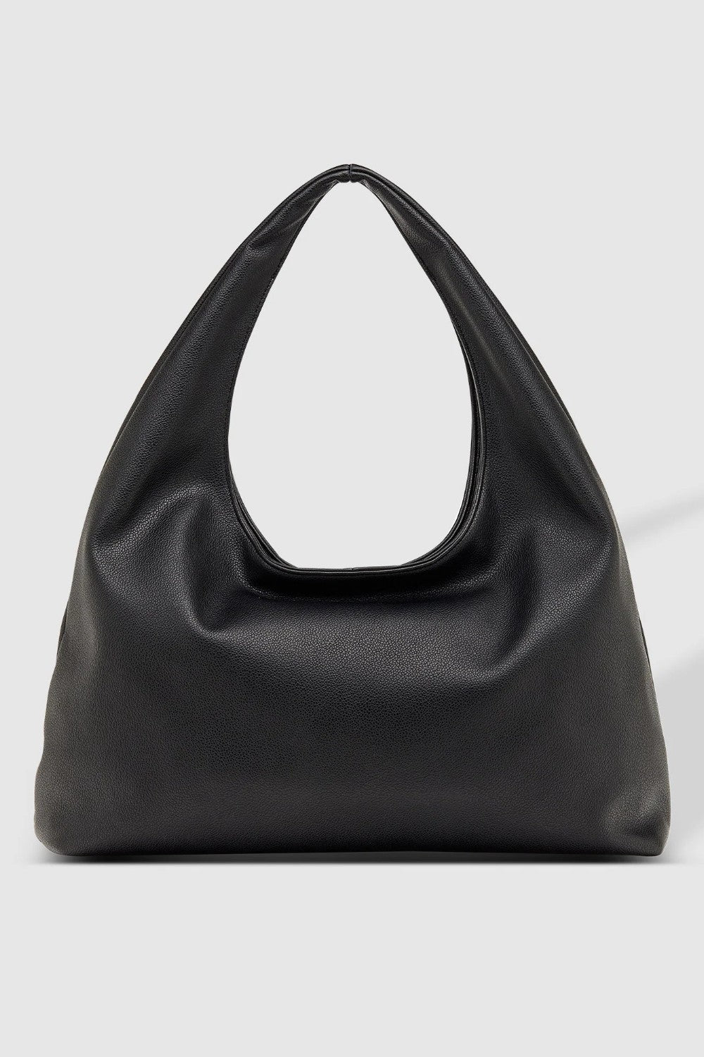 A black slouchy shoulder bag with a unique loop handle, photographed against a light gray studio background.