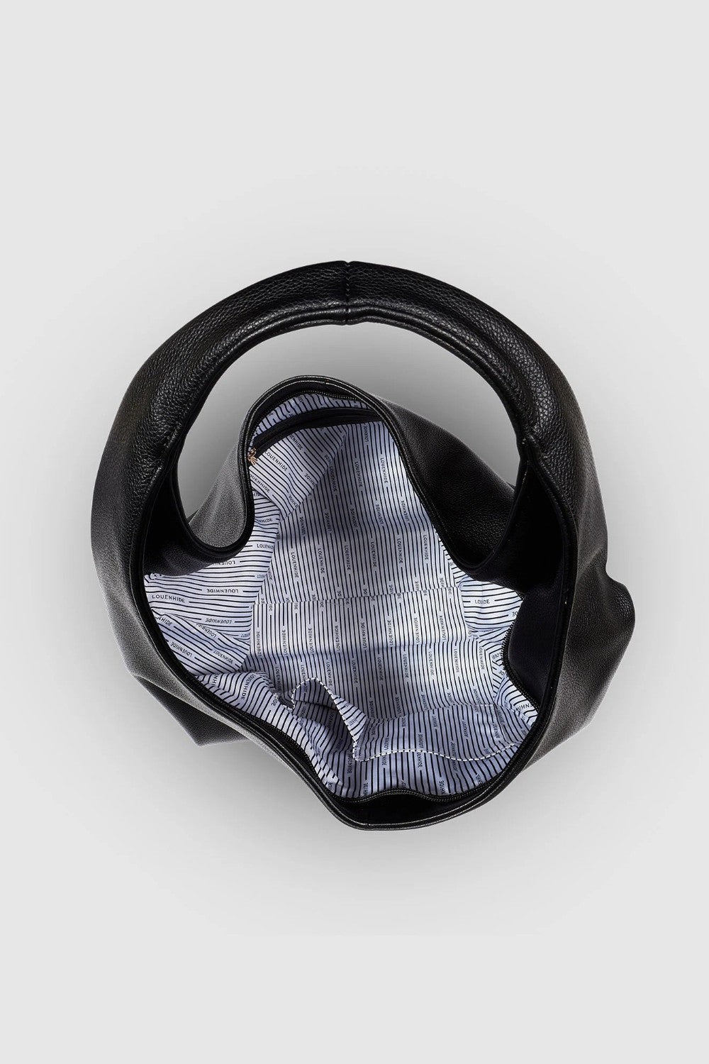 A black leather shoulder bag with a striped black and white lining, shown from a top-down view on a light gray background.
