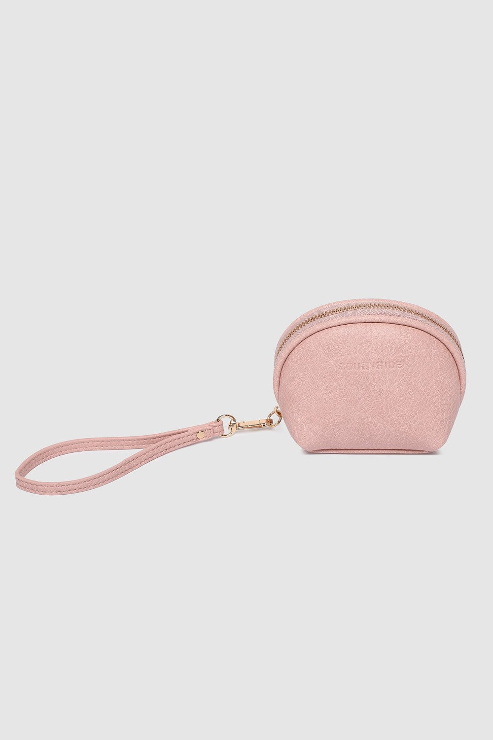 Pink coin purse with a strap on a light gray background