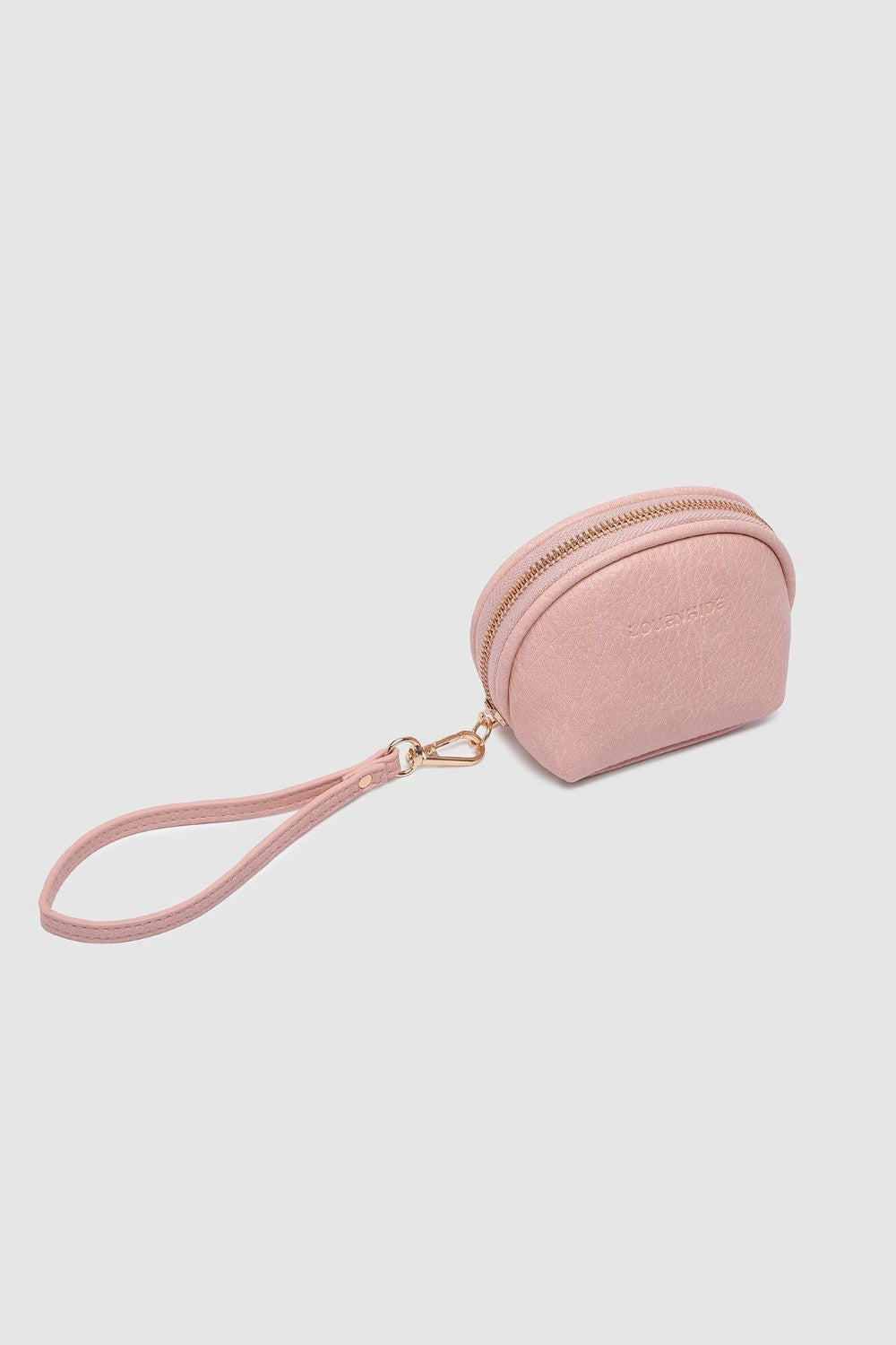 Pink pouch with a strap on a light gray background