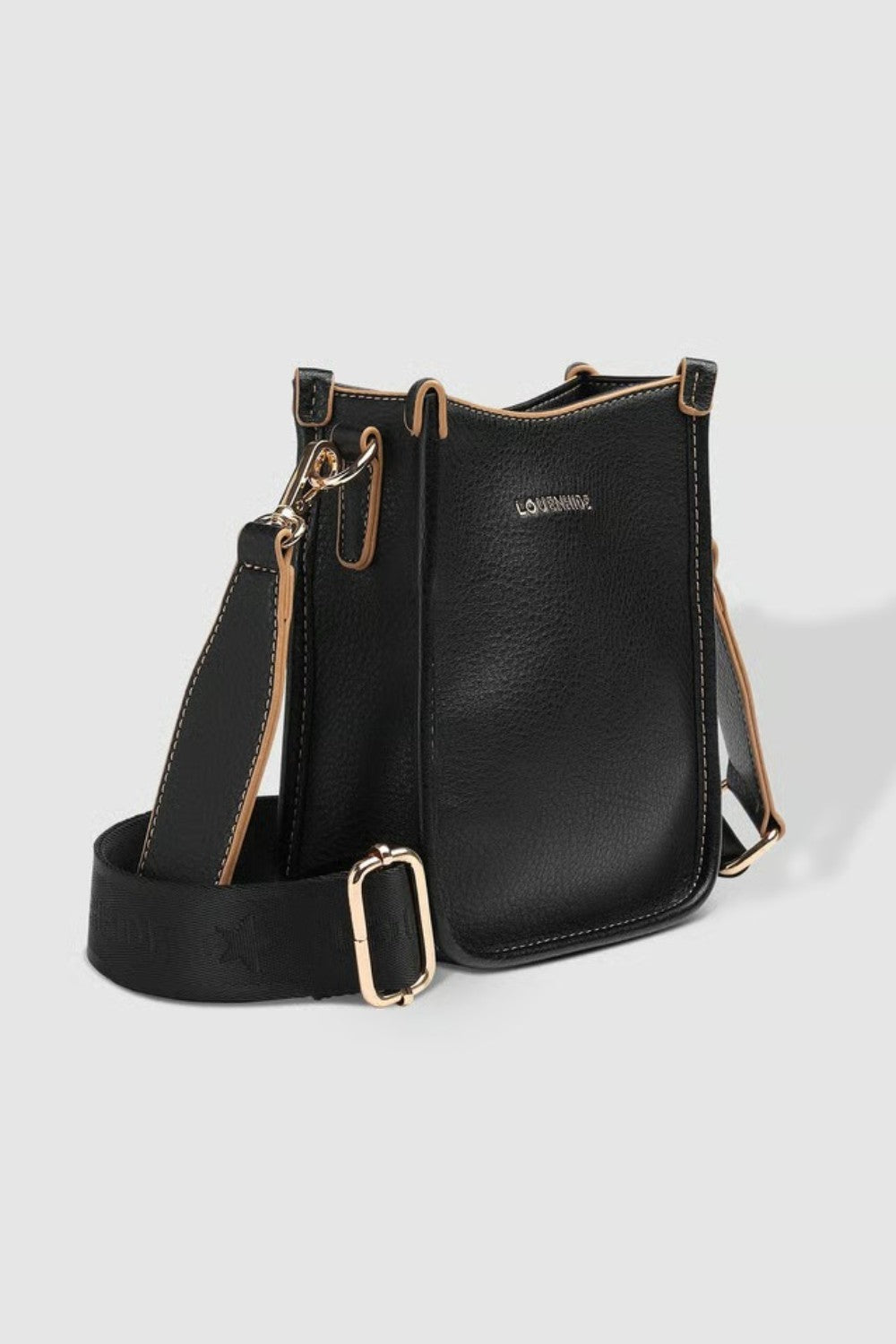 A black pebbled leather crossbody bag with gold-tone hardware, and a wide adjustable shoulder strap printed with 'LOUENHIDE' and a star. The brand name 'LOUENHIDE' is embossed on the front.
