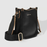 A black pebbled leather crossbody bag with gold-tone hardware, and a wide adjustable shoulder strap printed with 'LOUENHIDE' and a star. The brand name 'LOUENHIDE' is embossed on the front.