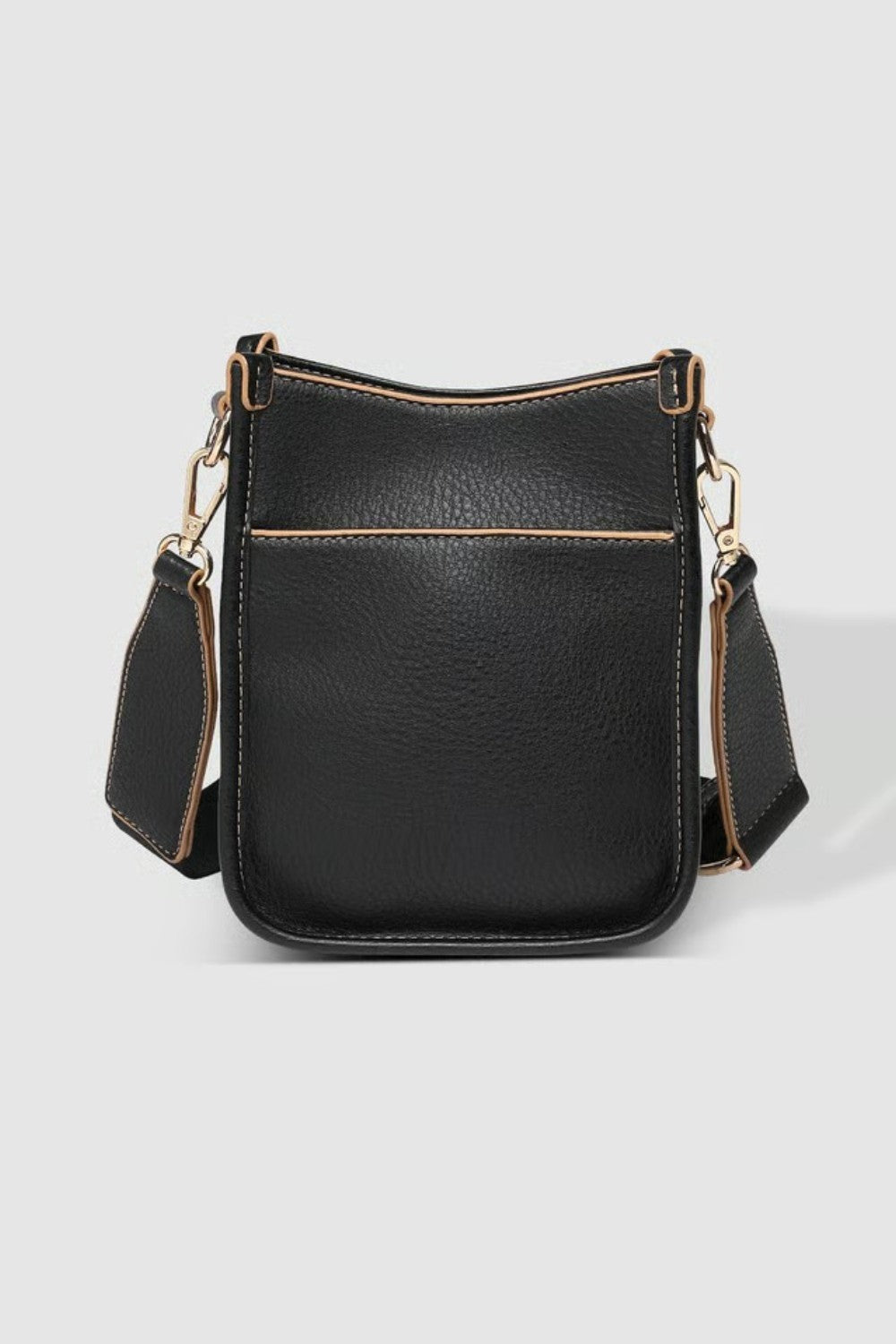 A black pebbled leather crossbody bag with gold-tone hardware, and a wide adjustable shoulder strap.