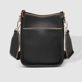 A black pebbled leather crossbody bag with gold-tone hardware, and a wide adjustable shoulder strap.