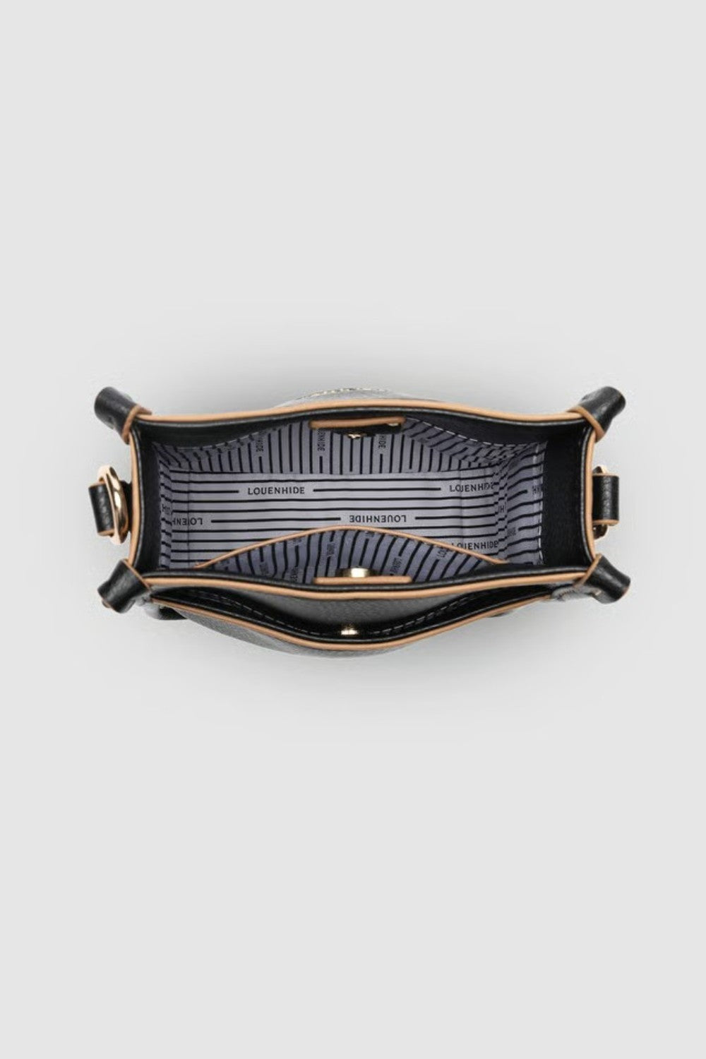 Looking down into a black bag with a black and white striped lining.