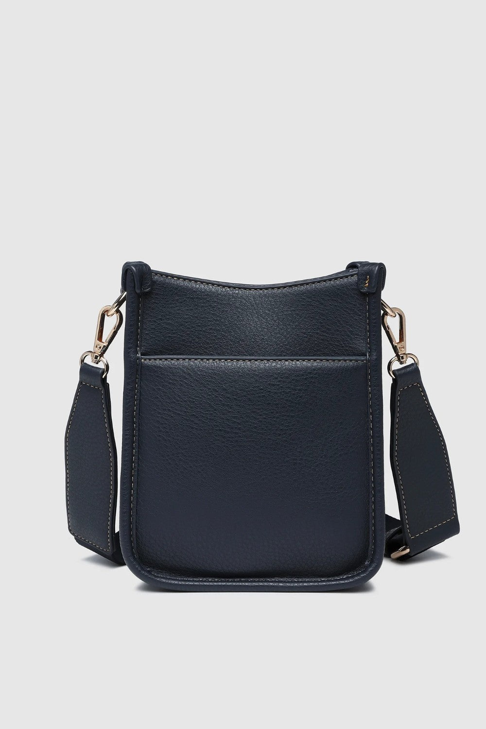 A navy pebbled leather crossbody bag with gold-tone hardware, and a wide adjustable shoulder strap.