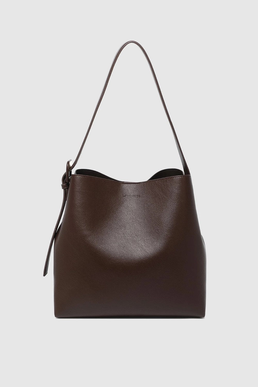 A dark brown leather hobo shoulder bag with a single strap and a subtle embossed logo on the front, shown against a light gray background.