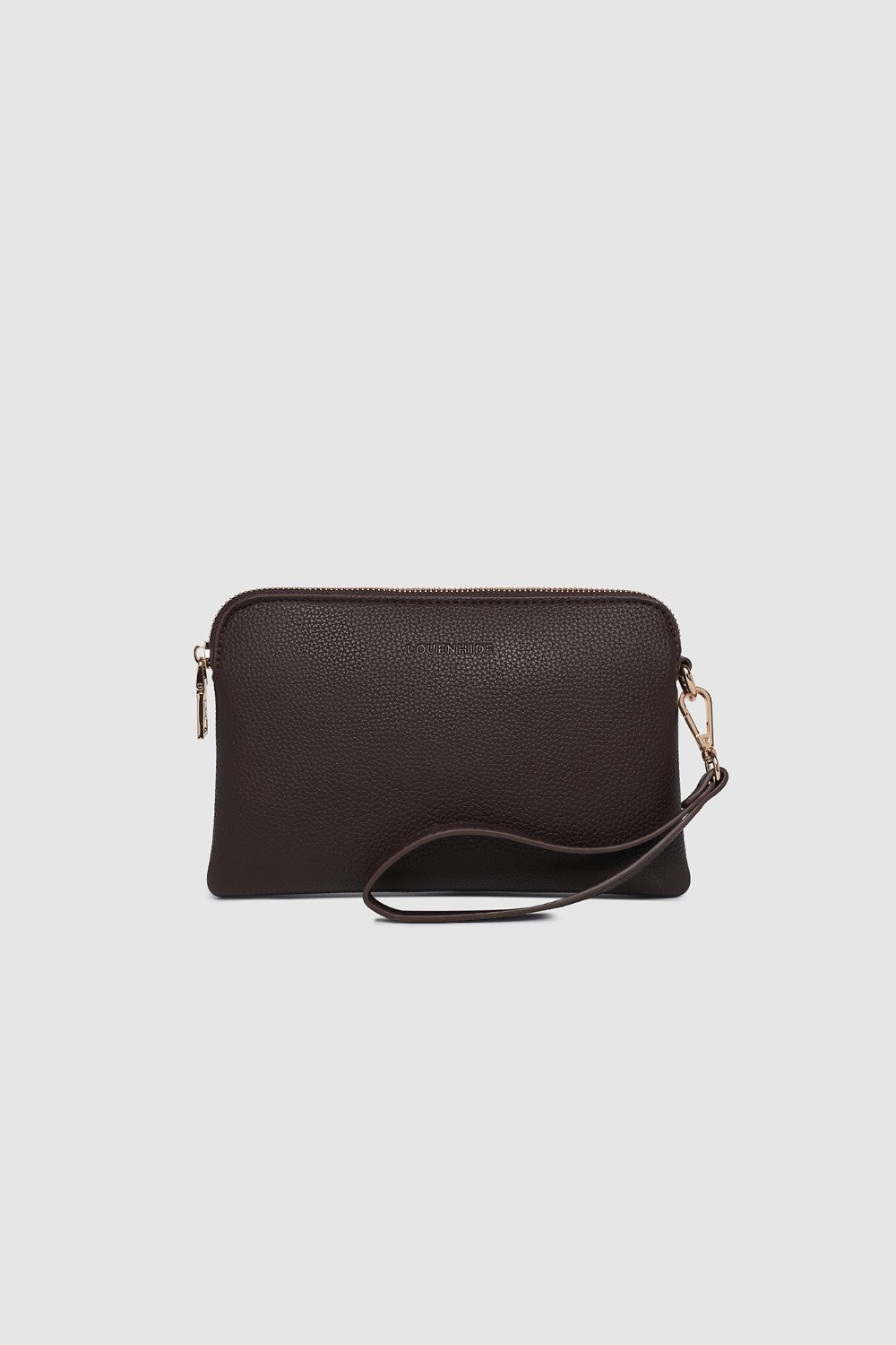 Brown clutch bag on a light gray background