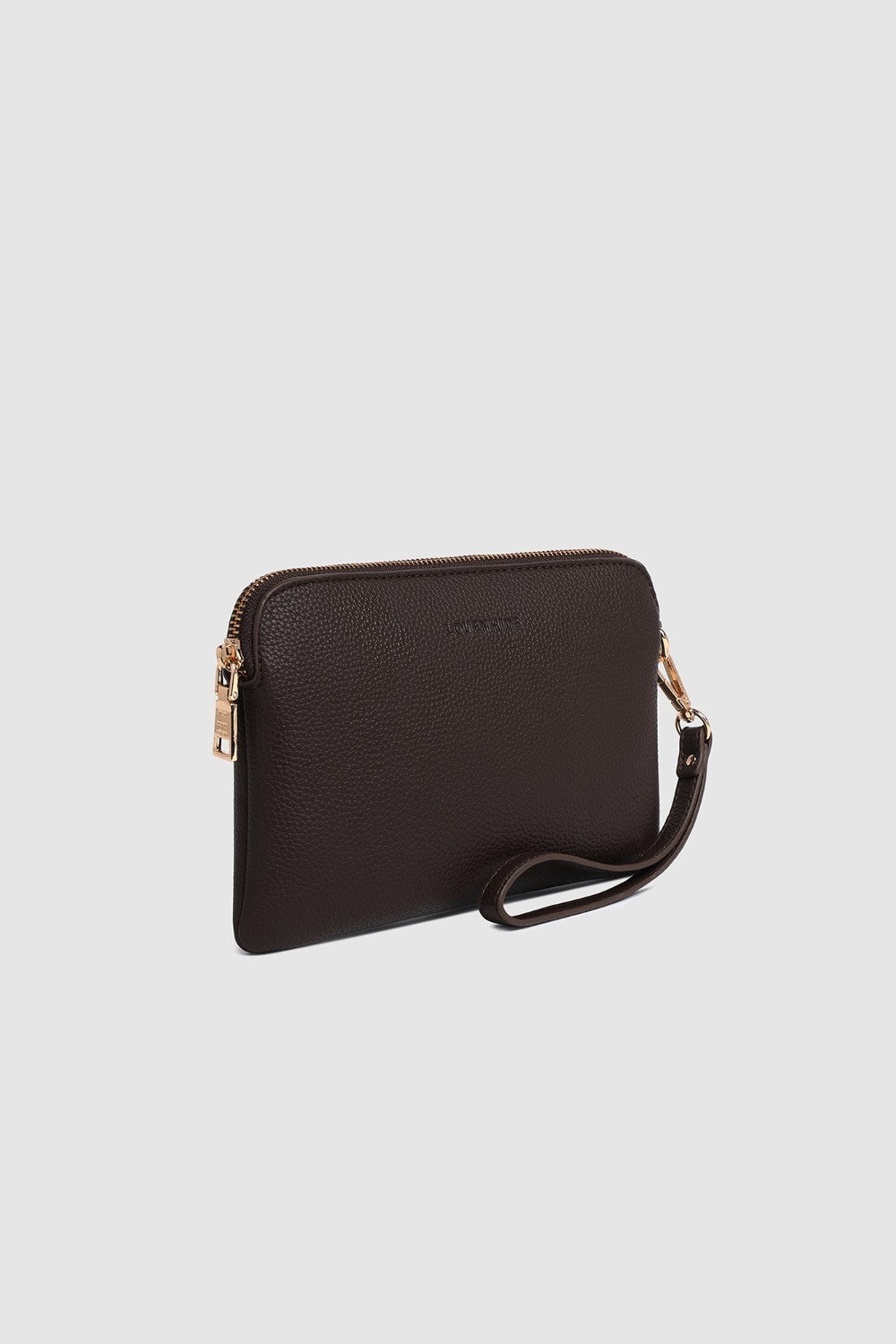 Brown handbag with a strap on a light gray background