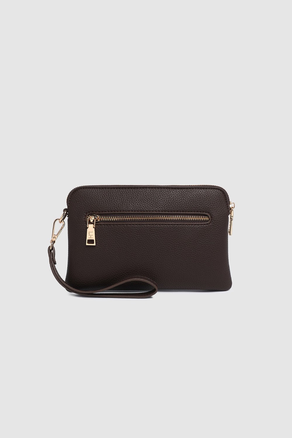 Brown handbag with gold zipper on a light gray background