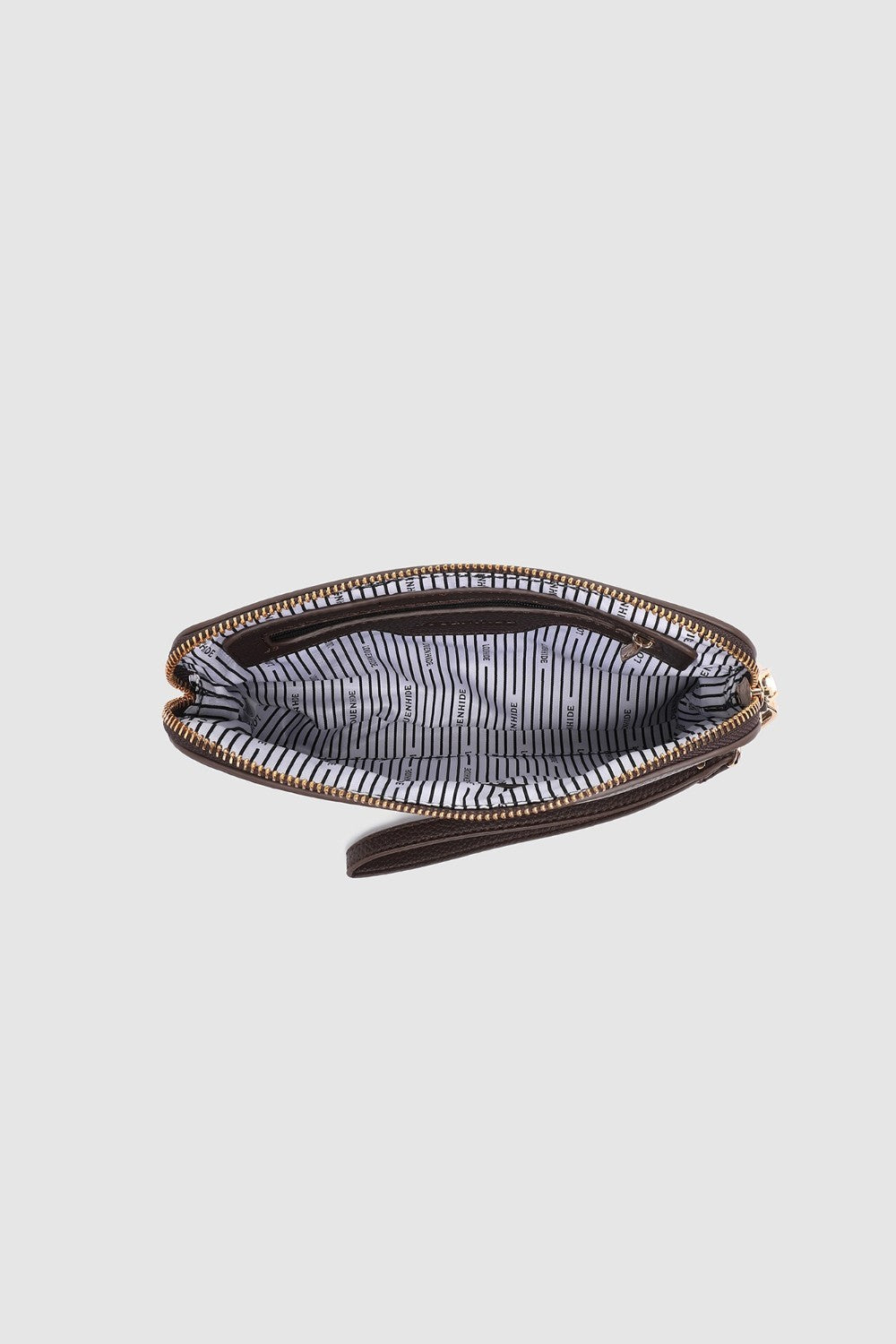 Zipped pouch with striped interior on a light gray background