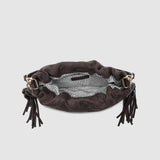 Brown fabric bag with black tassels on a light gray background