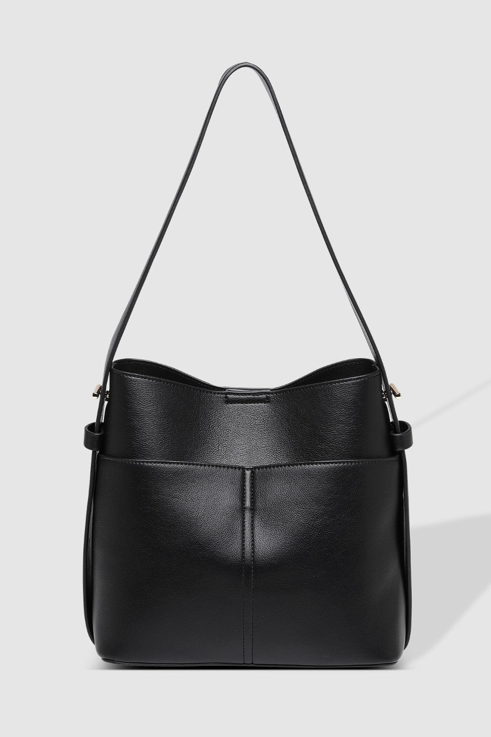 Black pleather handbag on a light gray background
