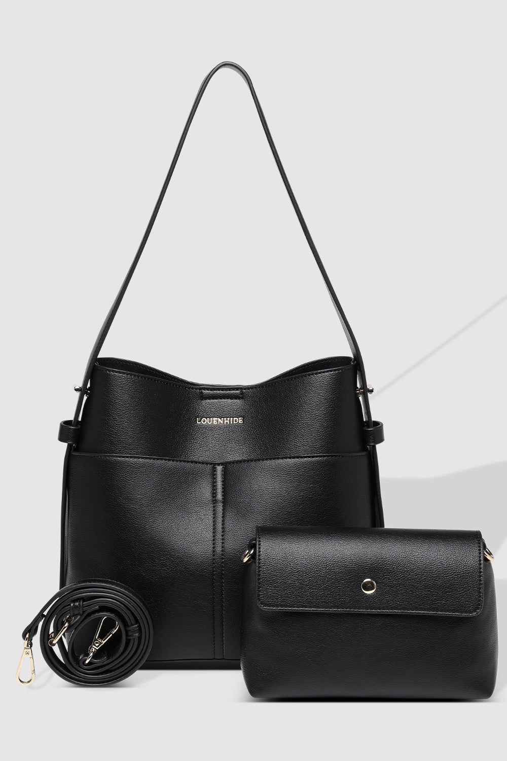 Black handbag set with matching pouch on a light gray background