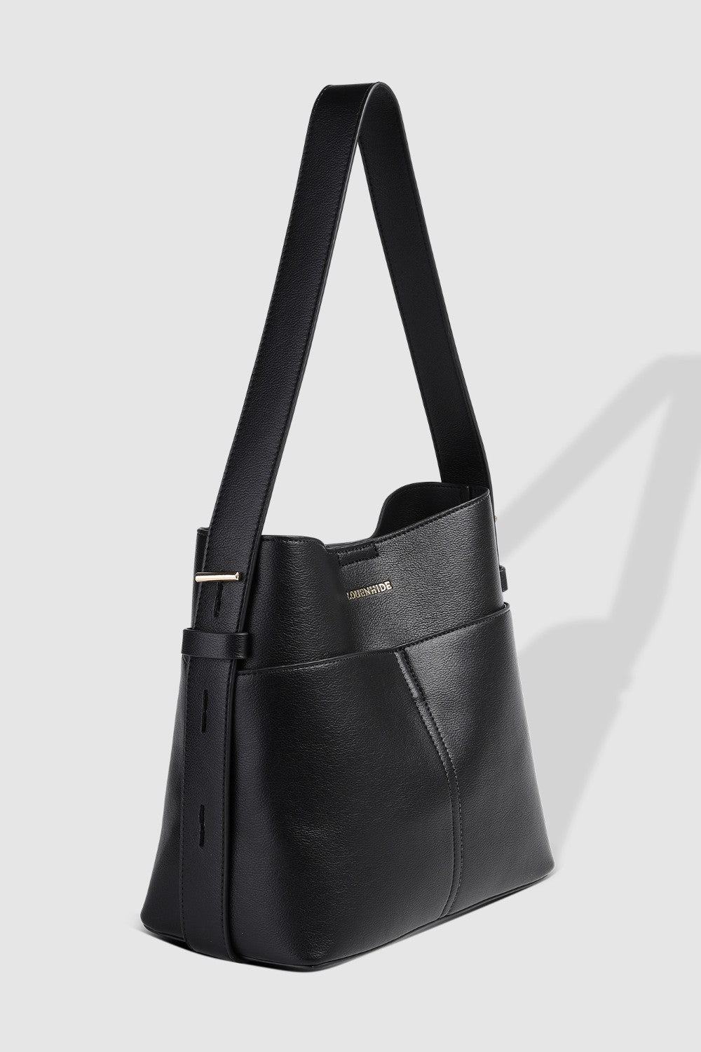 Black handbag with a visible brand logo on a light gray background