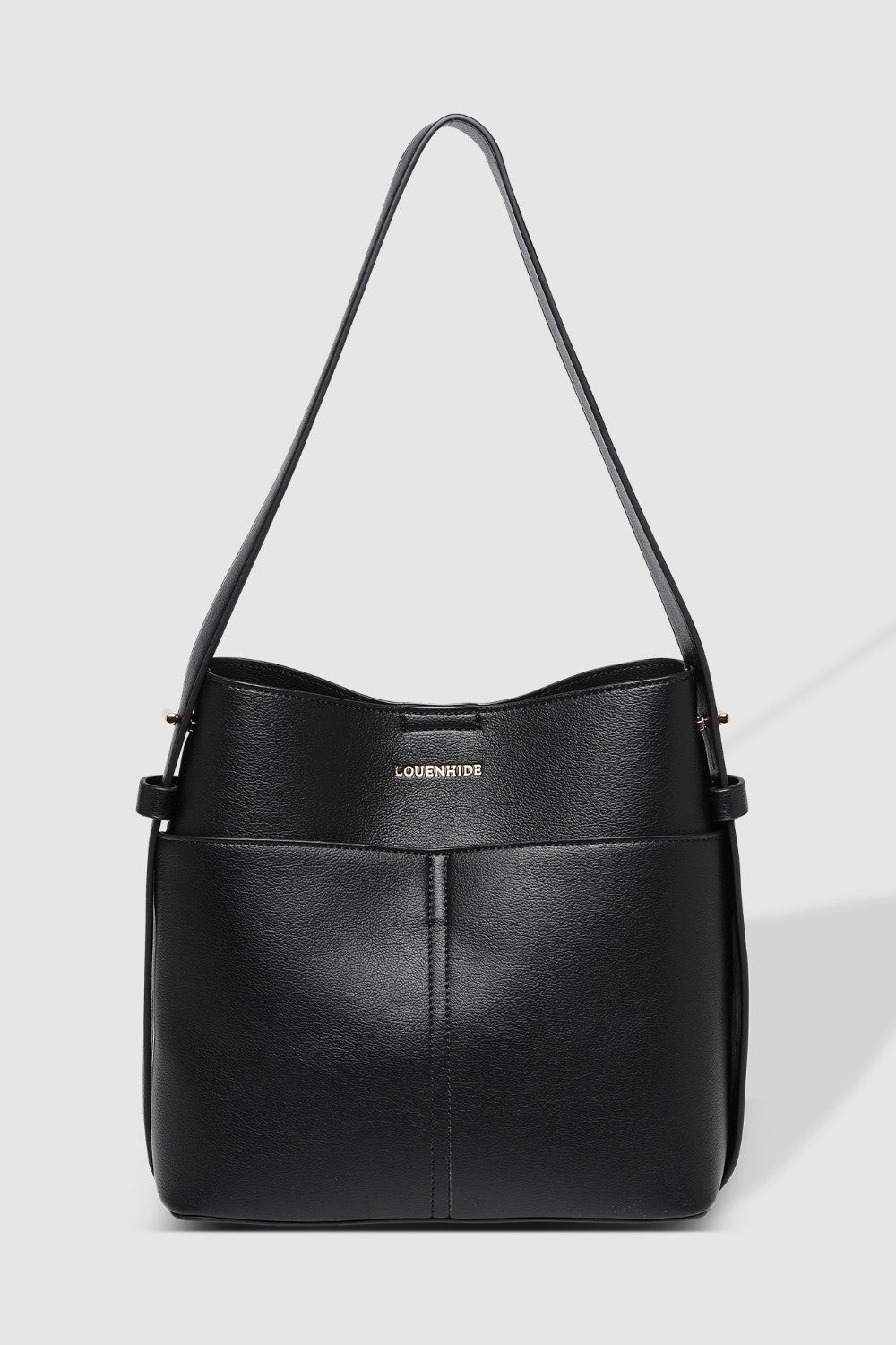 Black handbag with a visible brand name on a light gray background