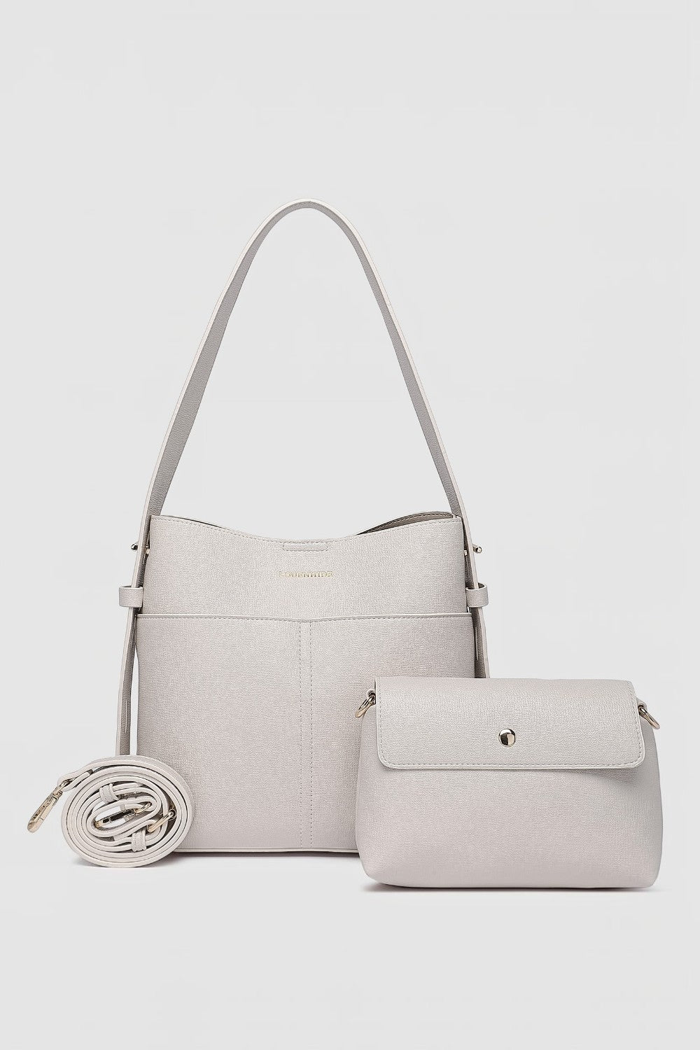 Light handbag with matching pouch on a white background