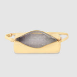 Yellow purse with striped lining on a light gray background
